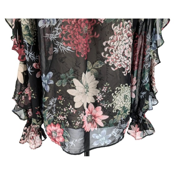 VICTORIAN Dark Fairy Blouse Top MEDIUM Black Floral Button Up Ruffles Excellent - Picture 11 of 14